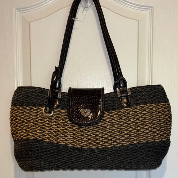 BRIGHTON “SAVANNAH” BLACK AND CREAM WOVEN SHOULDER BAG JUTE/STRAW MATERIAL - Picture 1 of 15